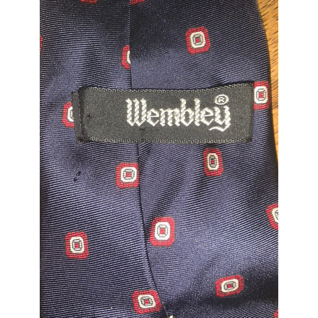 Wembley Men's Silk Tie Navy Blue with Red Geometric Pattern Designer Style