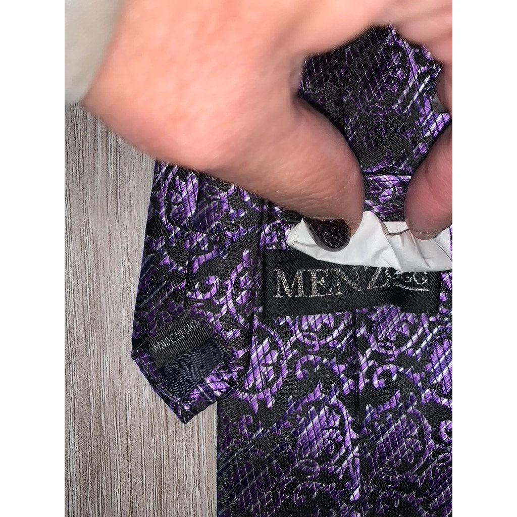 Men's MENZ Silk Necktie 2 pc Set Purple & Black Floral Geometric Design