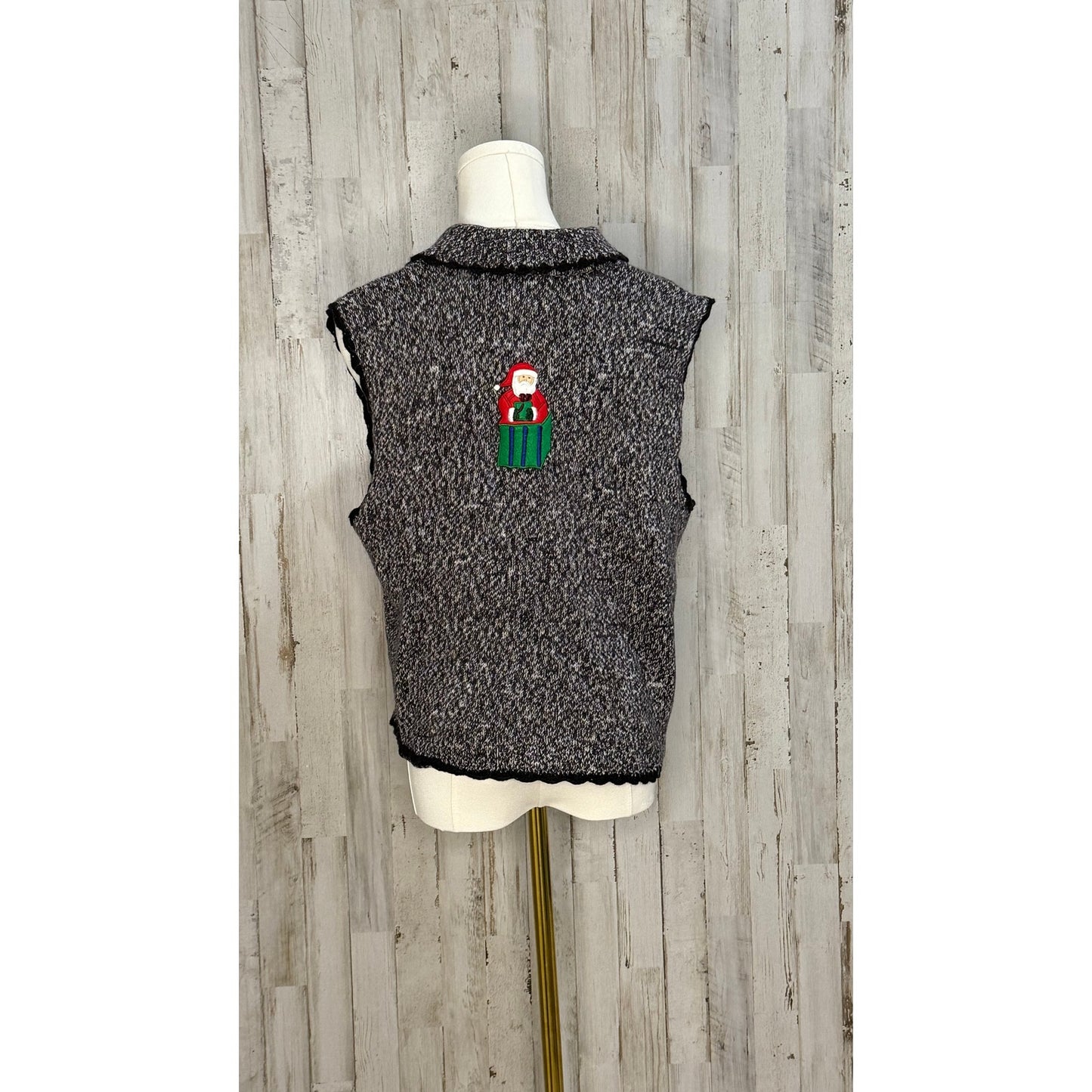 Vintage Christmas Sweater Vest Women's Large Gray Snowman & Santa Design