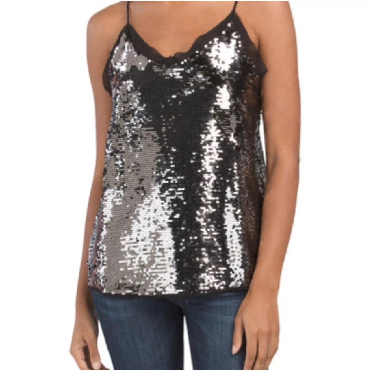 NWT WD.NY Glitz Black Sequin V-Neck Cami Top Women's Size Medium