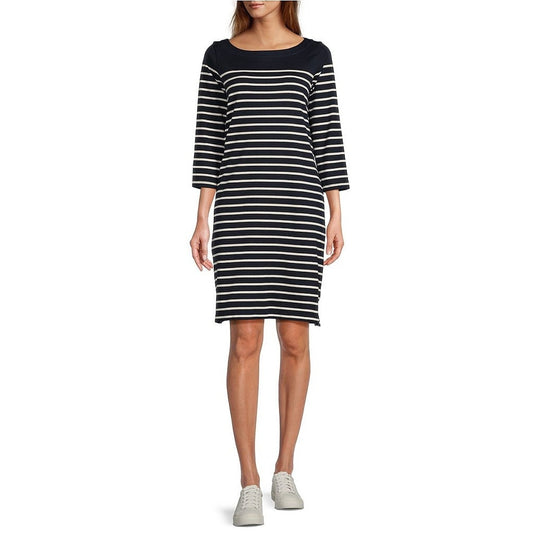 L.L.Bean Women's Medium Navy/White Mariner Knit Stripe Boat Neck Dress