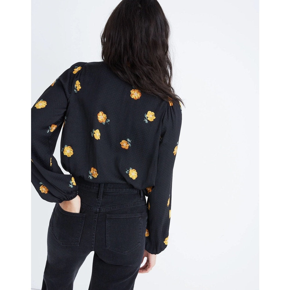 Madewell Women's Small Black Floral Wrap V-Neck Balloon Sleeve Blouse