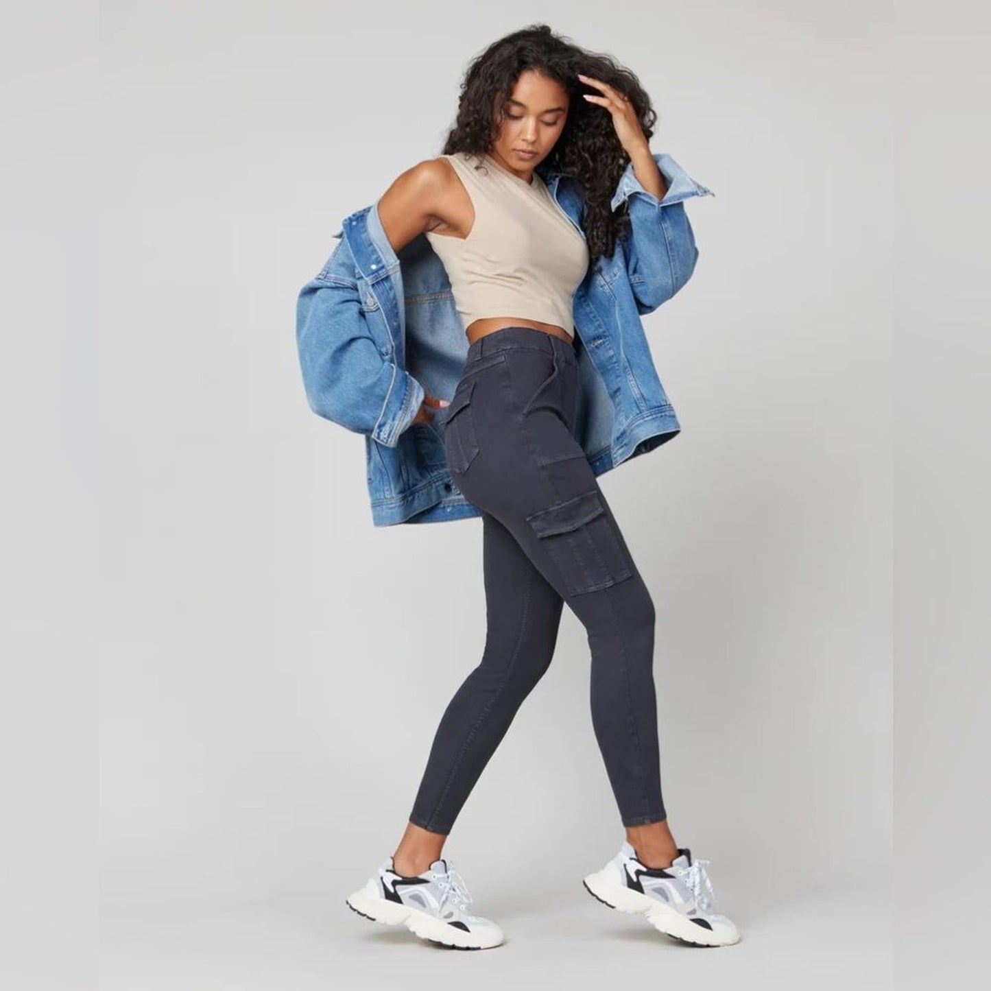 NWT SPANX Womens Cargo Pants Size Large Washed Black High Rise Pull-On Ankle