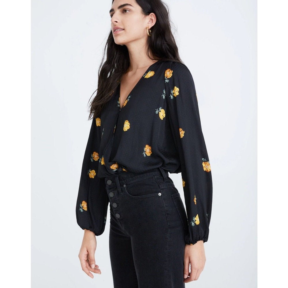 Madewell Women's Small Black Floral Wrap V-Neck Balloon Sleeve Blouse