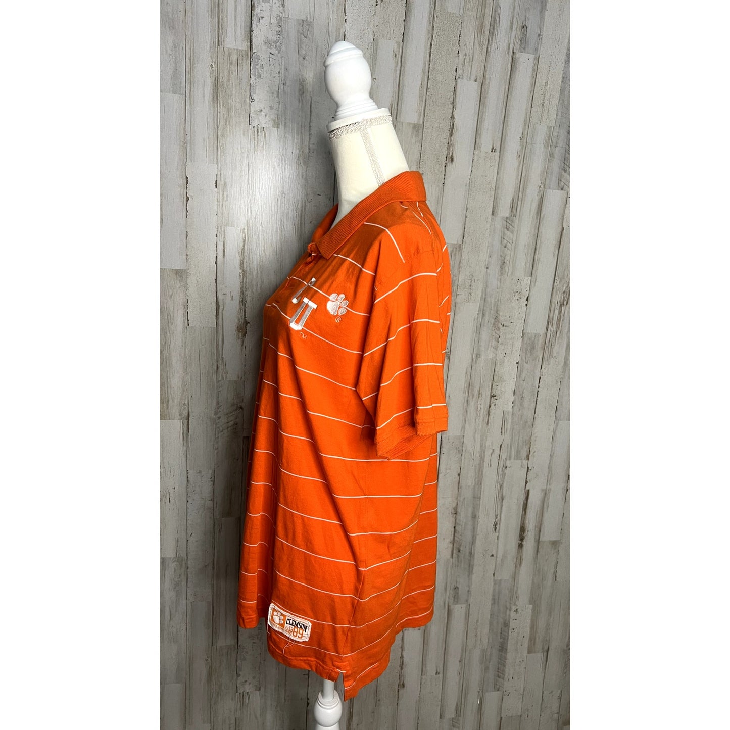 J. America Clemson CU Men's Large Striped Polo Shirt Orange Short Sleeve Casual