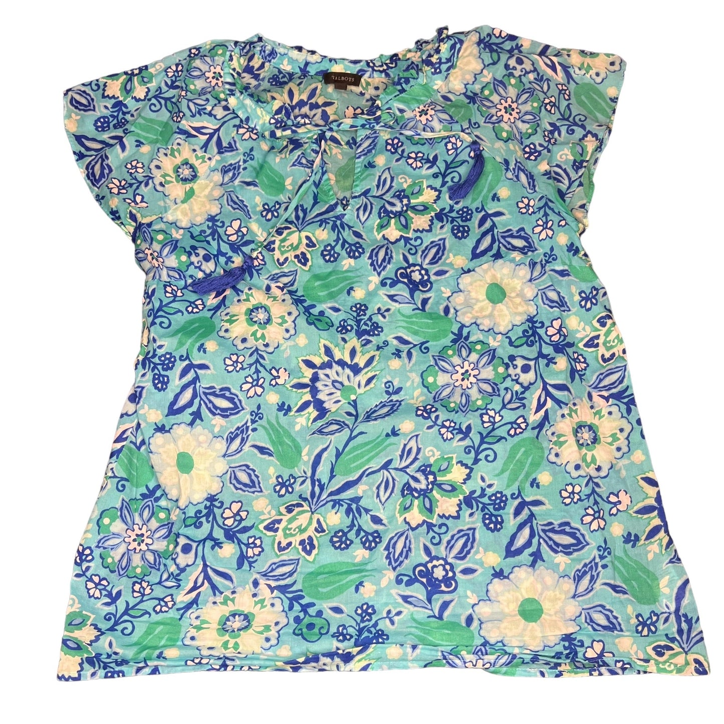 Talbots Womens Small Cap Sleeve Floral Blouse Blue/Green Print Casual Spring Top