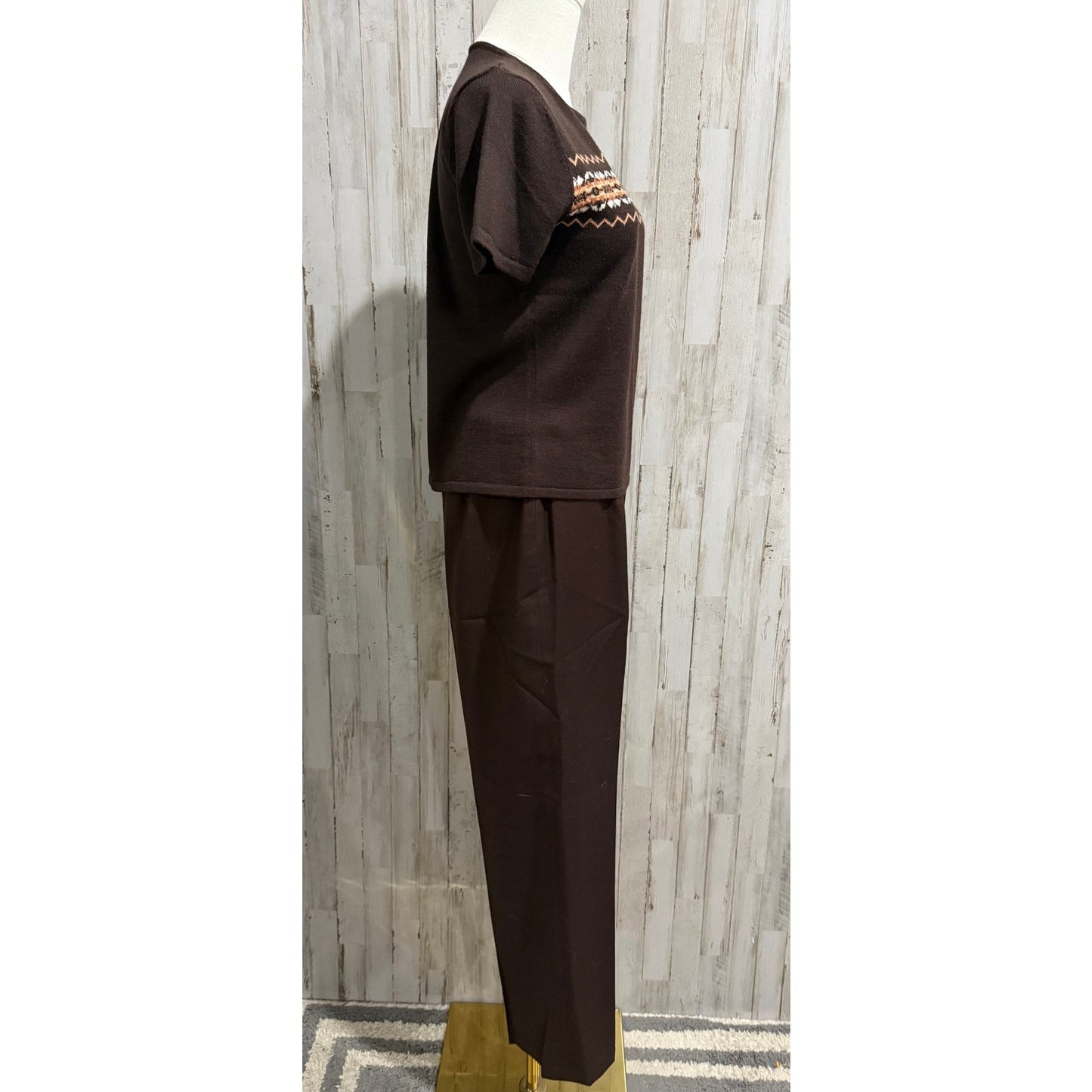 Kasper Suit Set Womens Petite 6P Brown Knit Sweater Top & Dress Pants 2pc