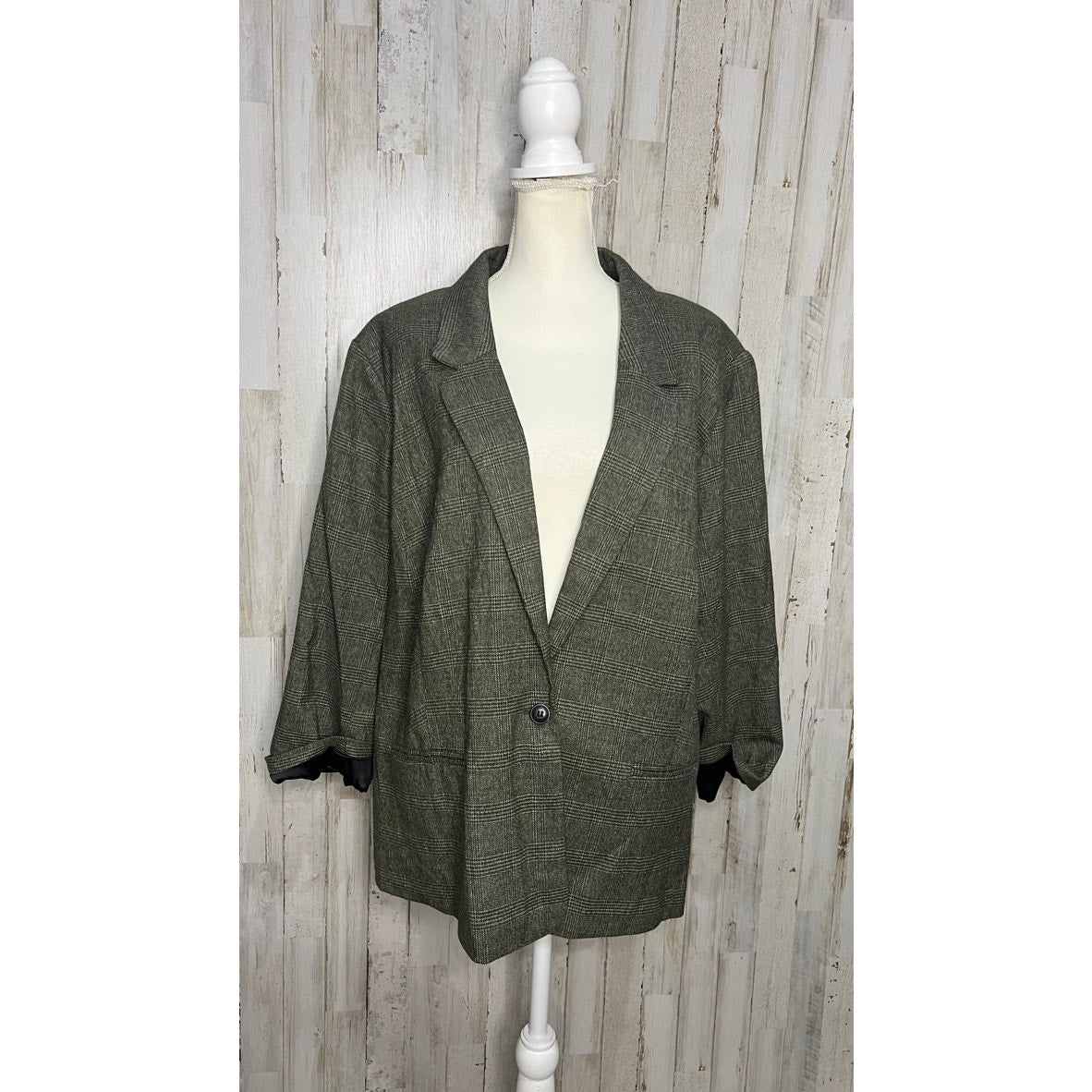 Kensie Women's 3X Gray Green One-Button Blazer 3/4 Sleeve