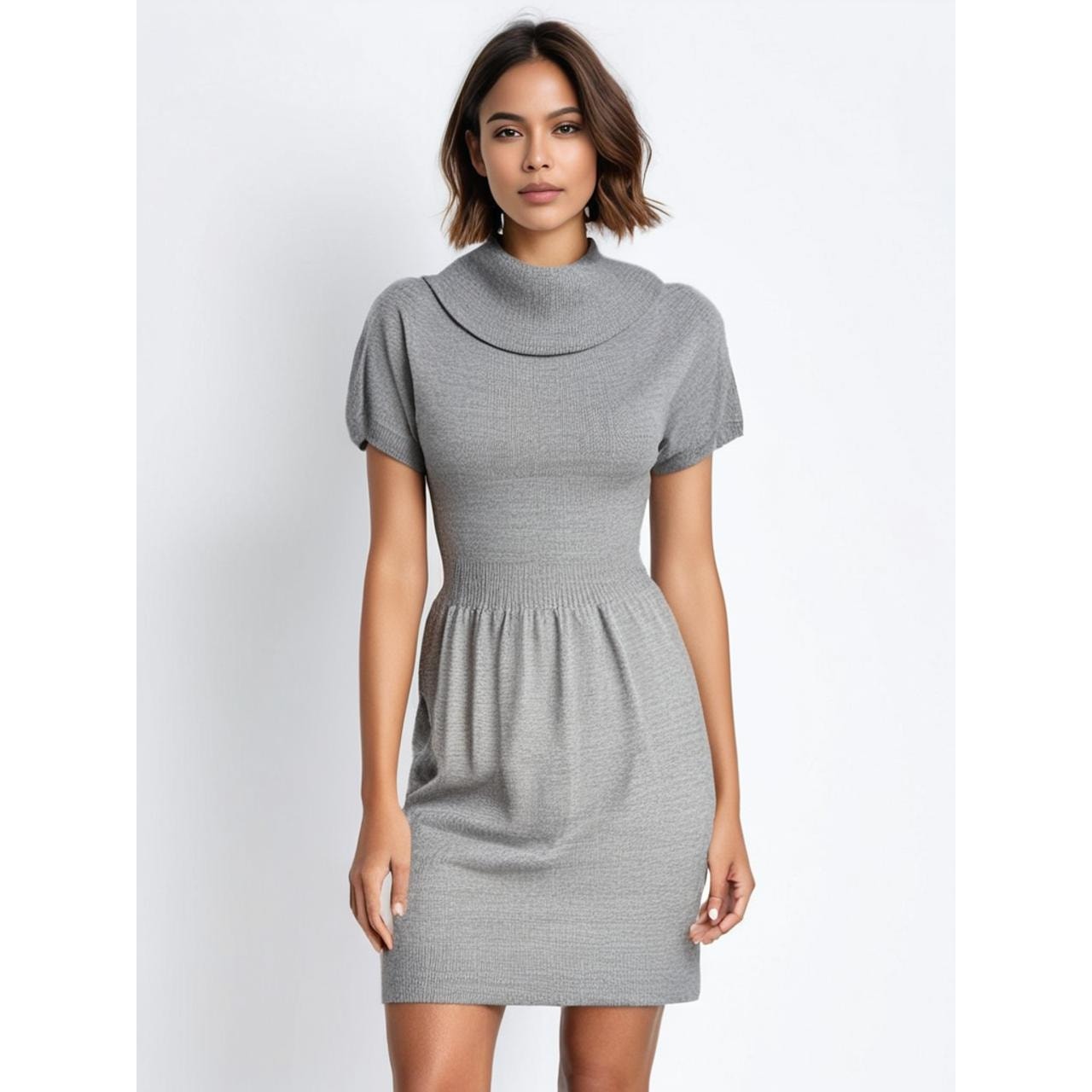 Ann Taylor LOFT Petites Gray Sweater Dress Medium Short Sleeve Cowl Neck