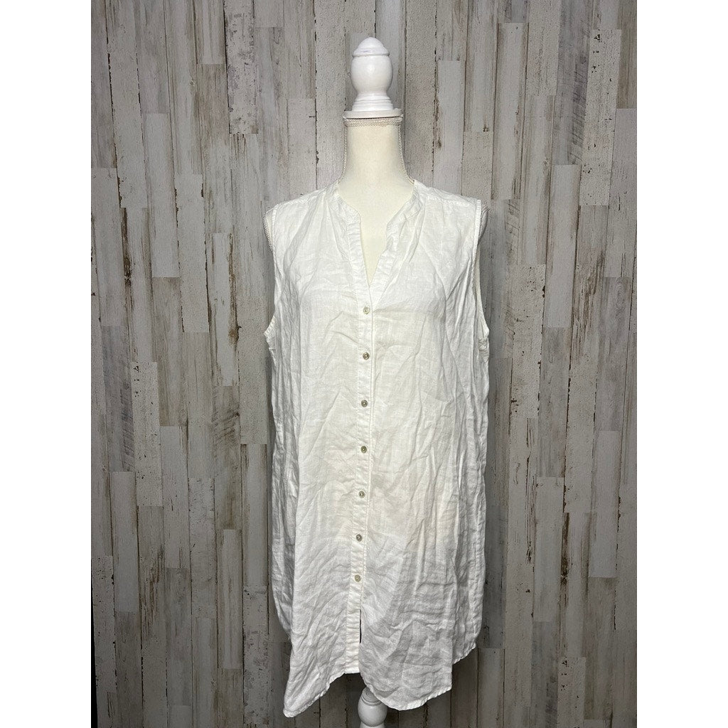 Eileen Fisher Women's Small White Sleeveless Linen Button Front Shirt Dress