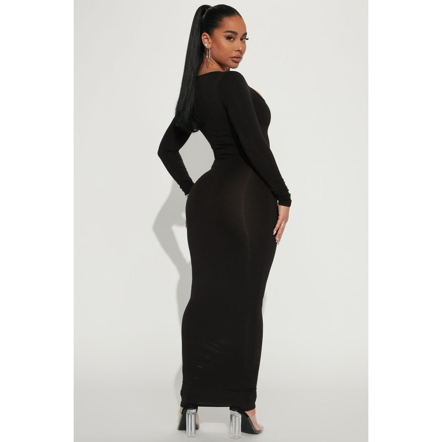 NWT Fashion Nova Women's Small Makenzie Maxi Dress Black Long Sleeve Bodycon