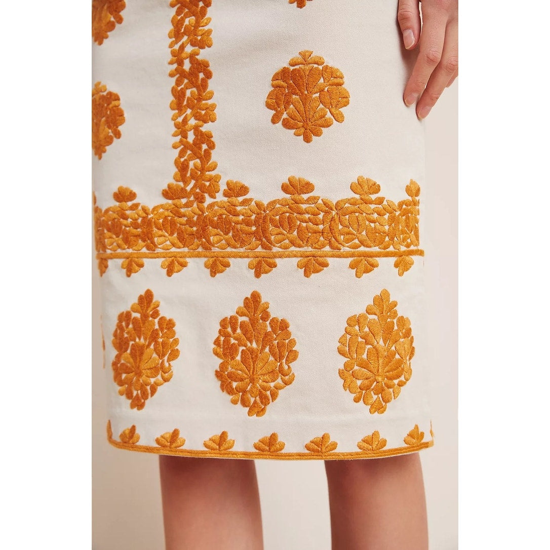 Anthropologie Women's Gold Verona Floral Embroidered Pencil Skirt Size 2