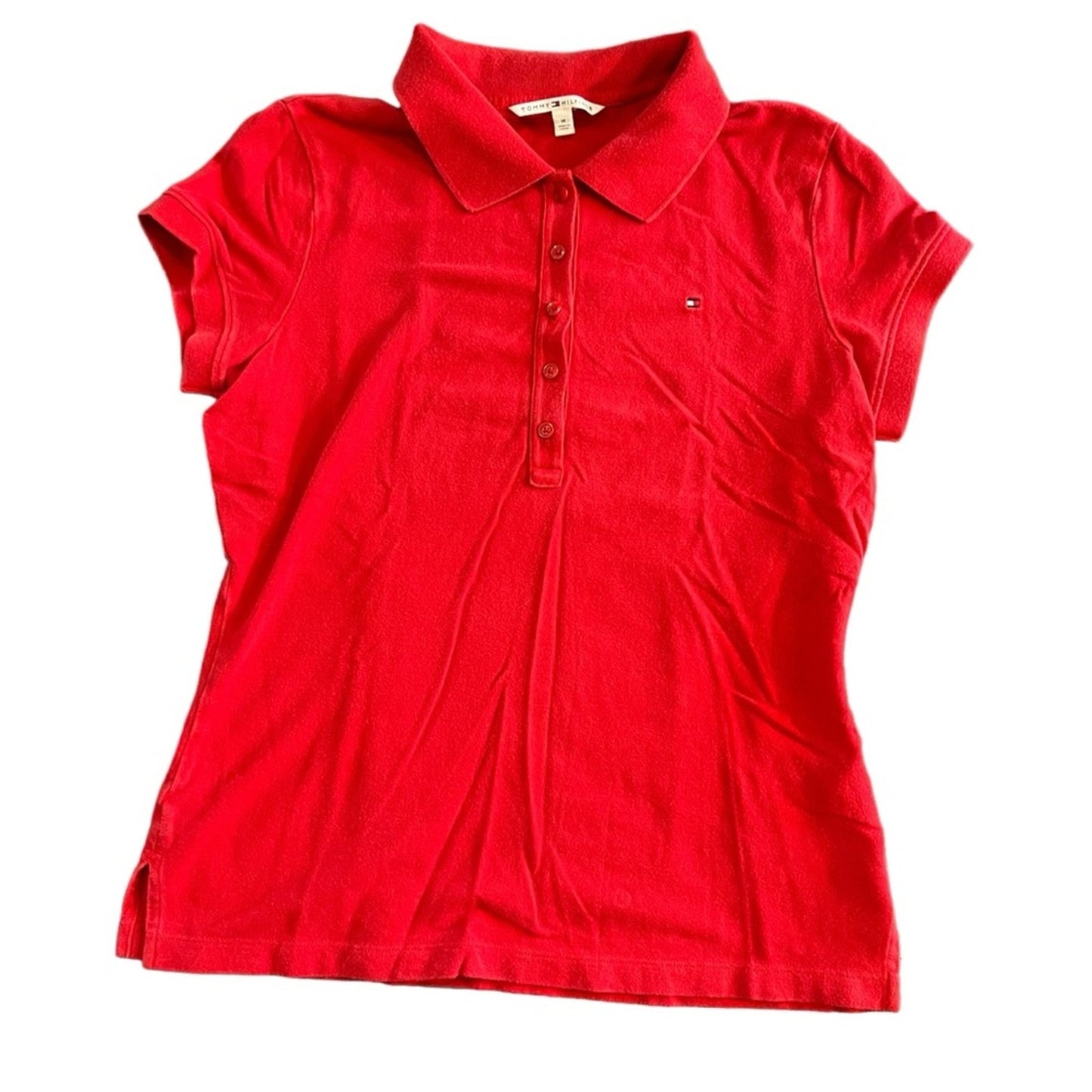 Tommy Hilfiger Polo Shirt Womens Medium Red Short Sleeve Embroidered Flag Logo