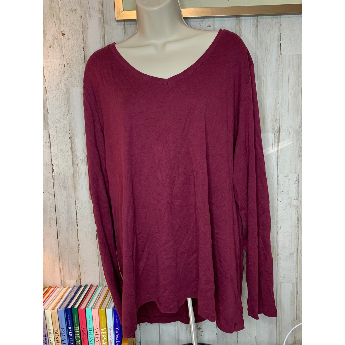 St John's Bay Essential Tee Womens 2XL Burgundy Long Sleeve V-Neck Shirt