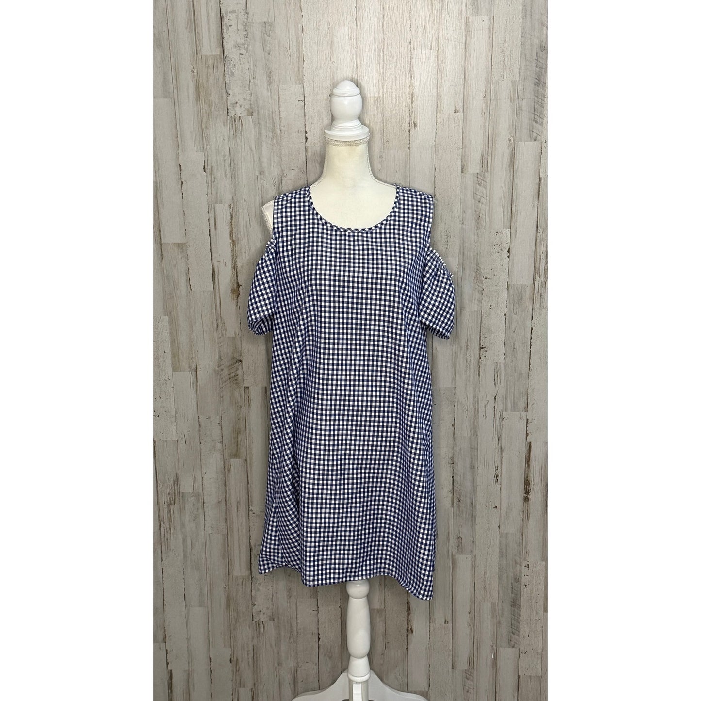 Espresso Women's Blue Gingham Cold Shoulder Knee Length Dress Size Large