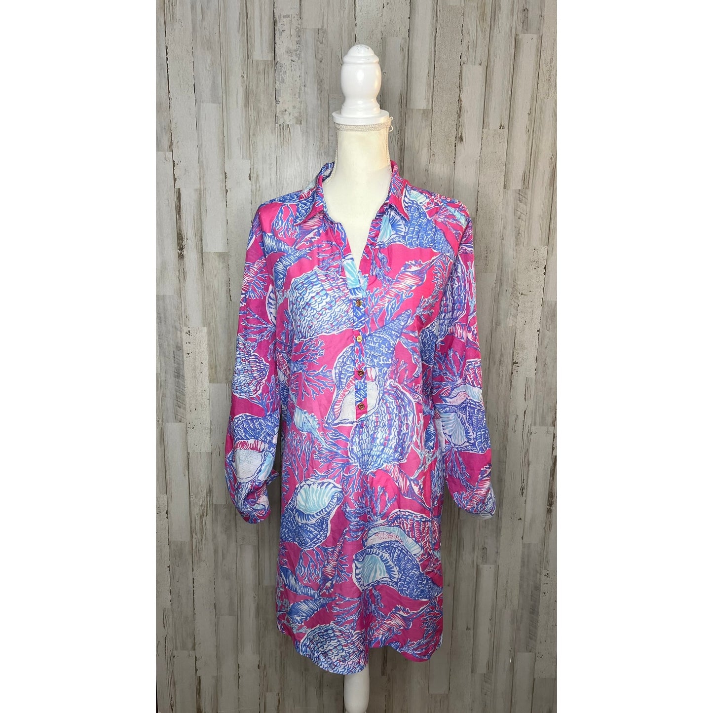 Talbots Women's Size Large Pink Blue Seashell Print Tunic Swim Cover Up