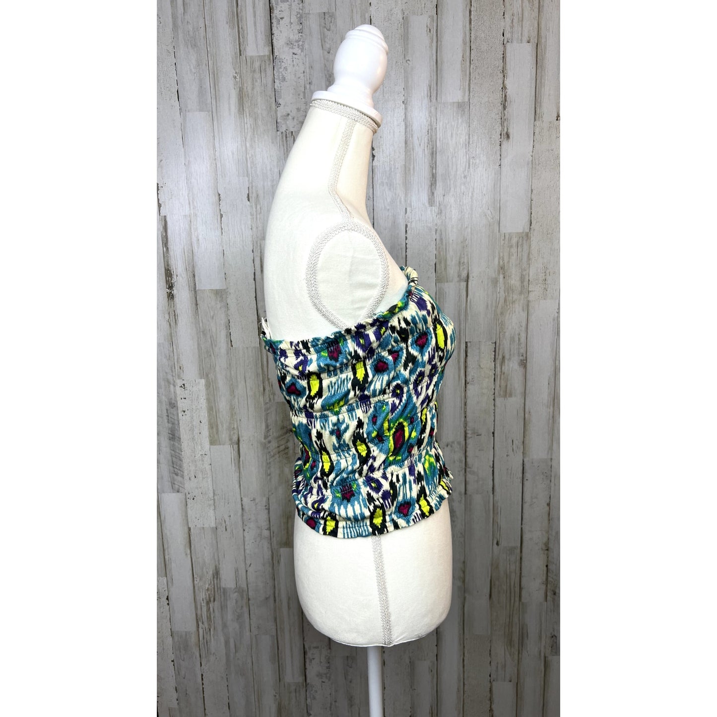 Anthropologie Women's Smocked Tube Top XS Blue/Green Ikat Print Strapless Tank