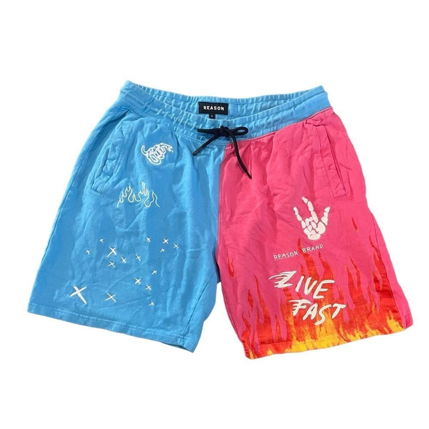 Reason Live Fast Shorts Men's XL Blue Pink Split Color Graphic Streetwear