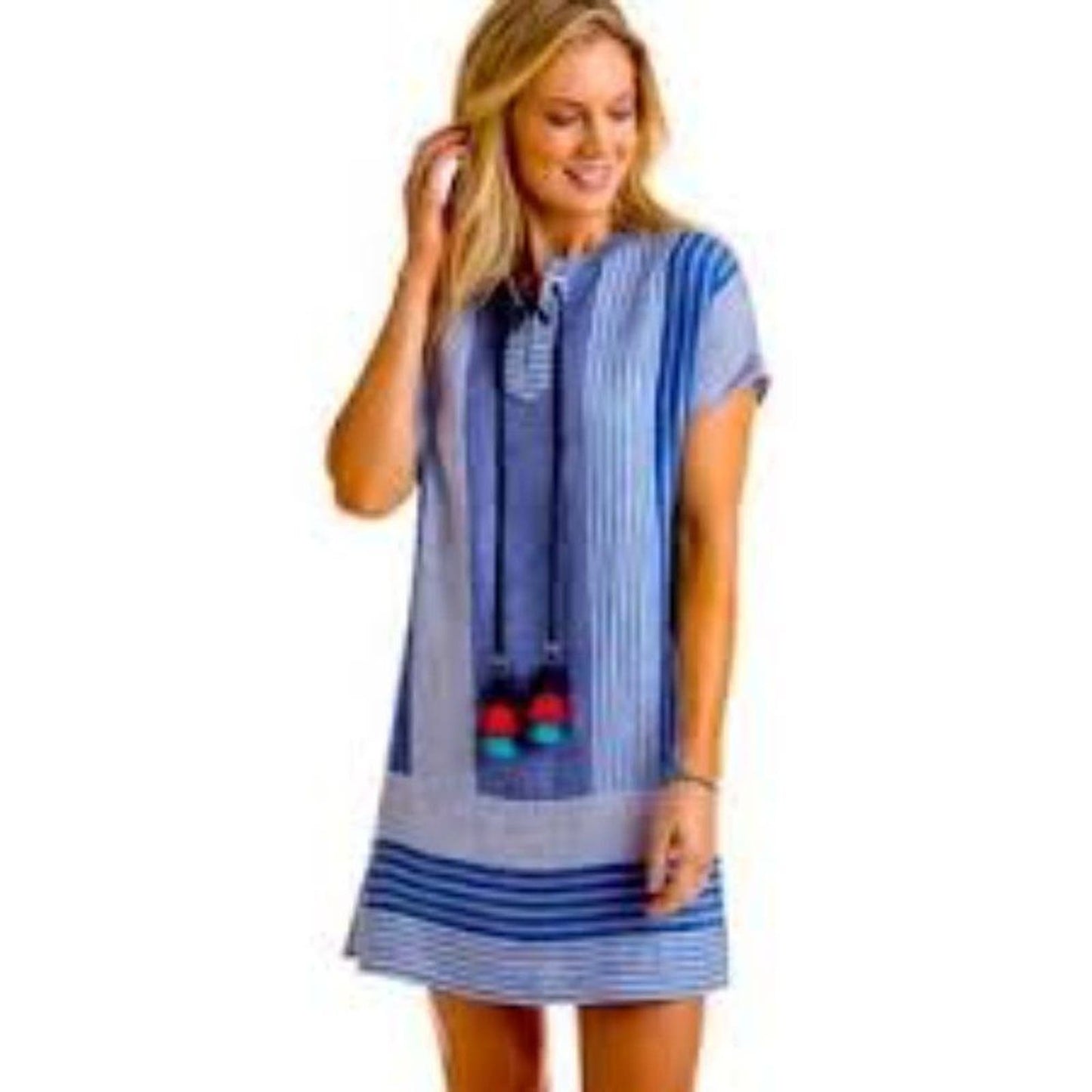 Womens Vineyard Vines 100% Linen Blue / White Striped Tassle Dress Size 0