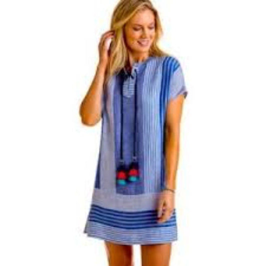 Womens Vineyard Vines 100% Linen Blue / White Striped Tassle Dress Size 0