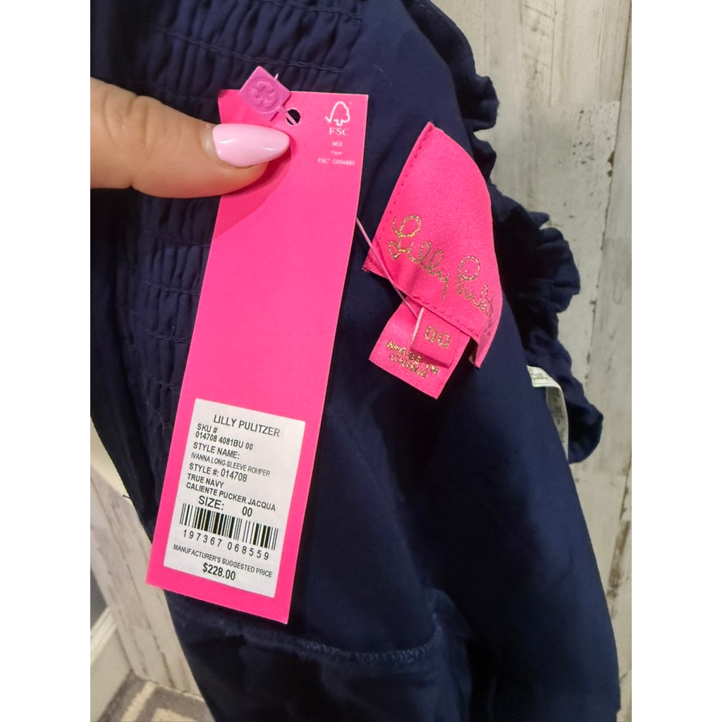 NWT Lilly Pulitzer Women's Ivanna Long-Sleeve Navy Blue Romper Size 00