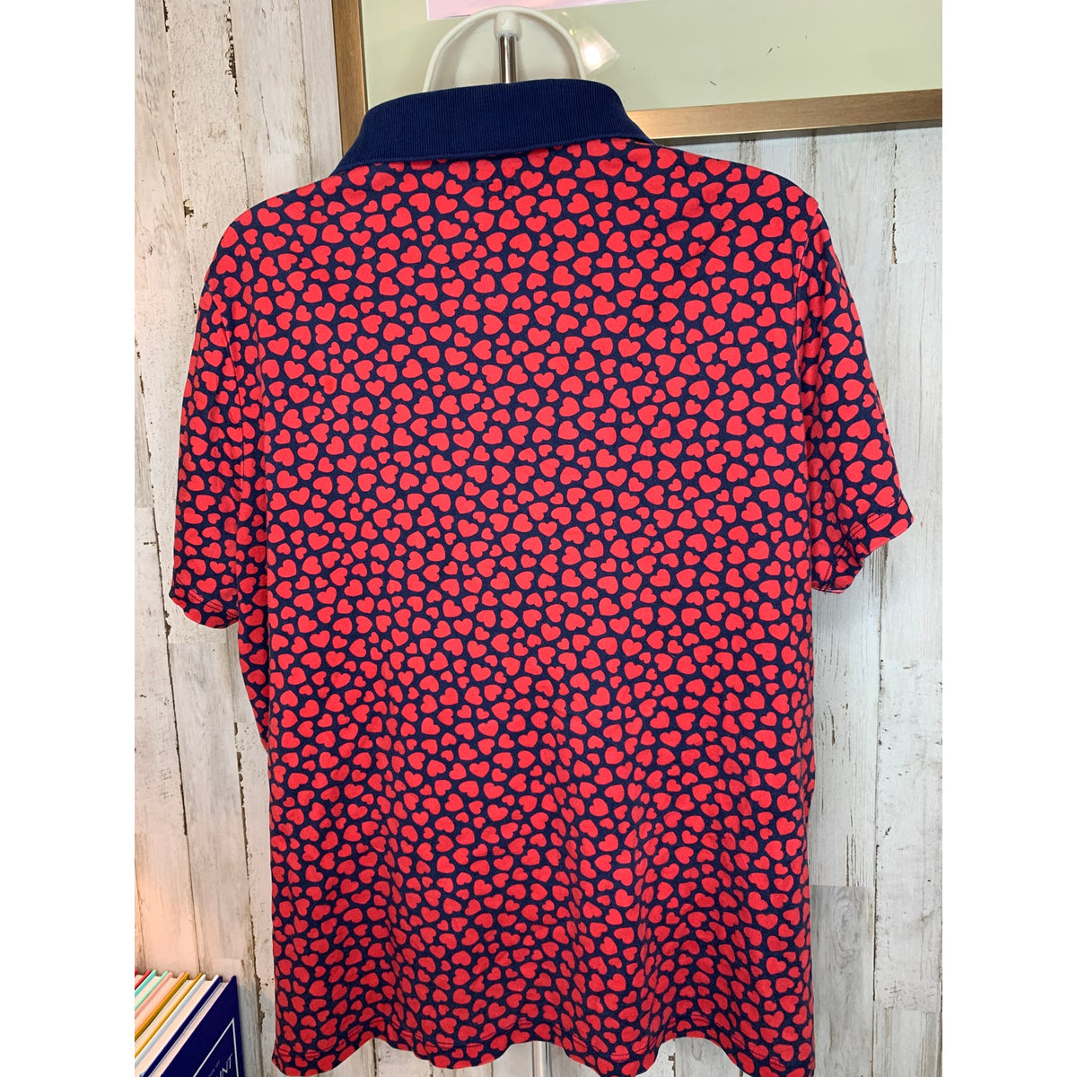 Lands' End Polo Shirt Womens Plus 1X Navy Blue Red Heart Print Short