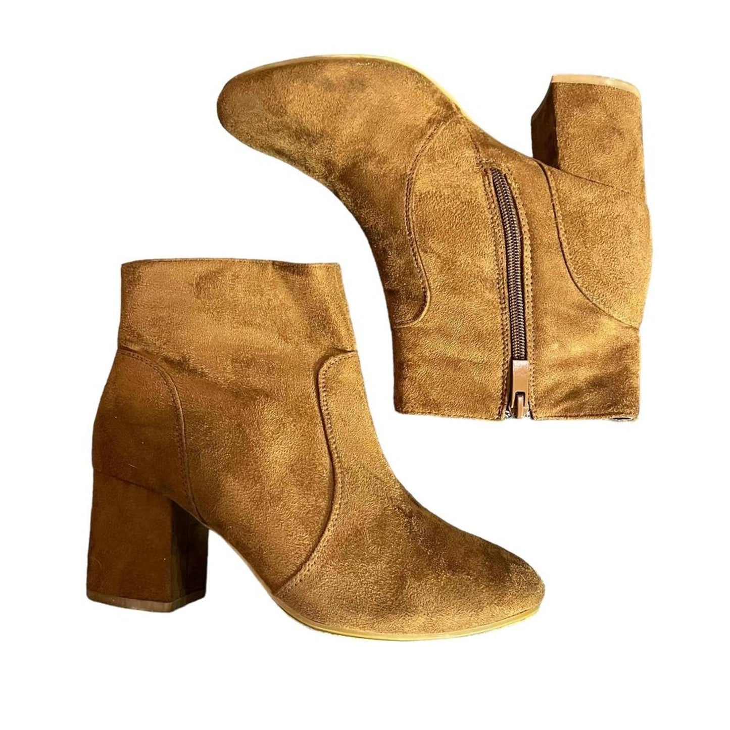 Top Moda Women's Ankle Booties Brown Round Toe Block Heel Side Zip Size 7
