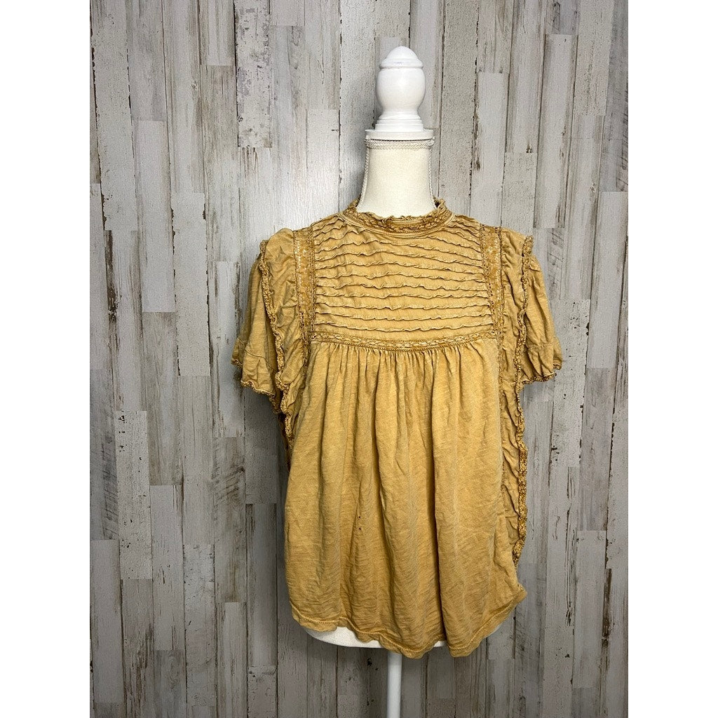 Free People Women's Medium Yellow Orange Ruffle Sleeve Babydoll Blouse Casual