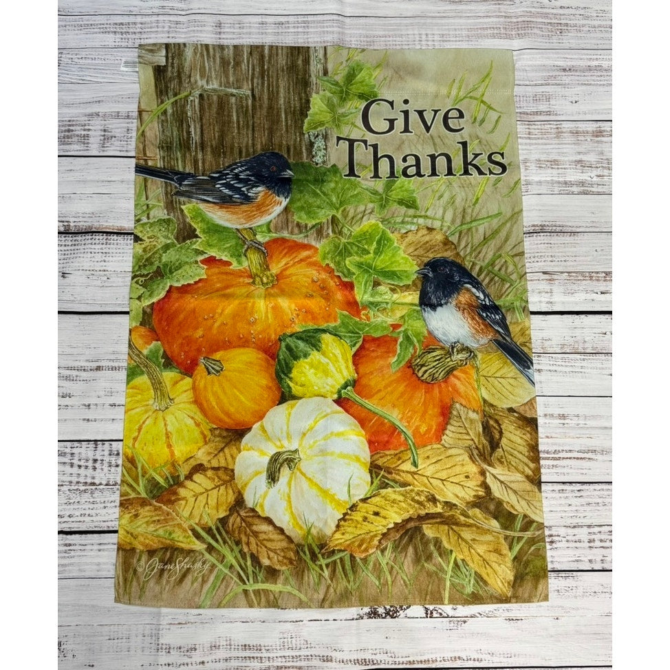 Garden Flag "Give Thanks" Autumn Birds & Pumpkins