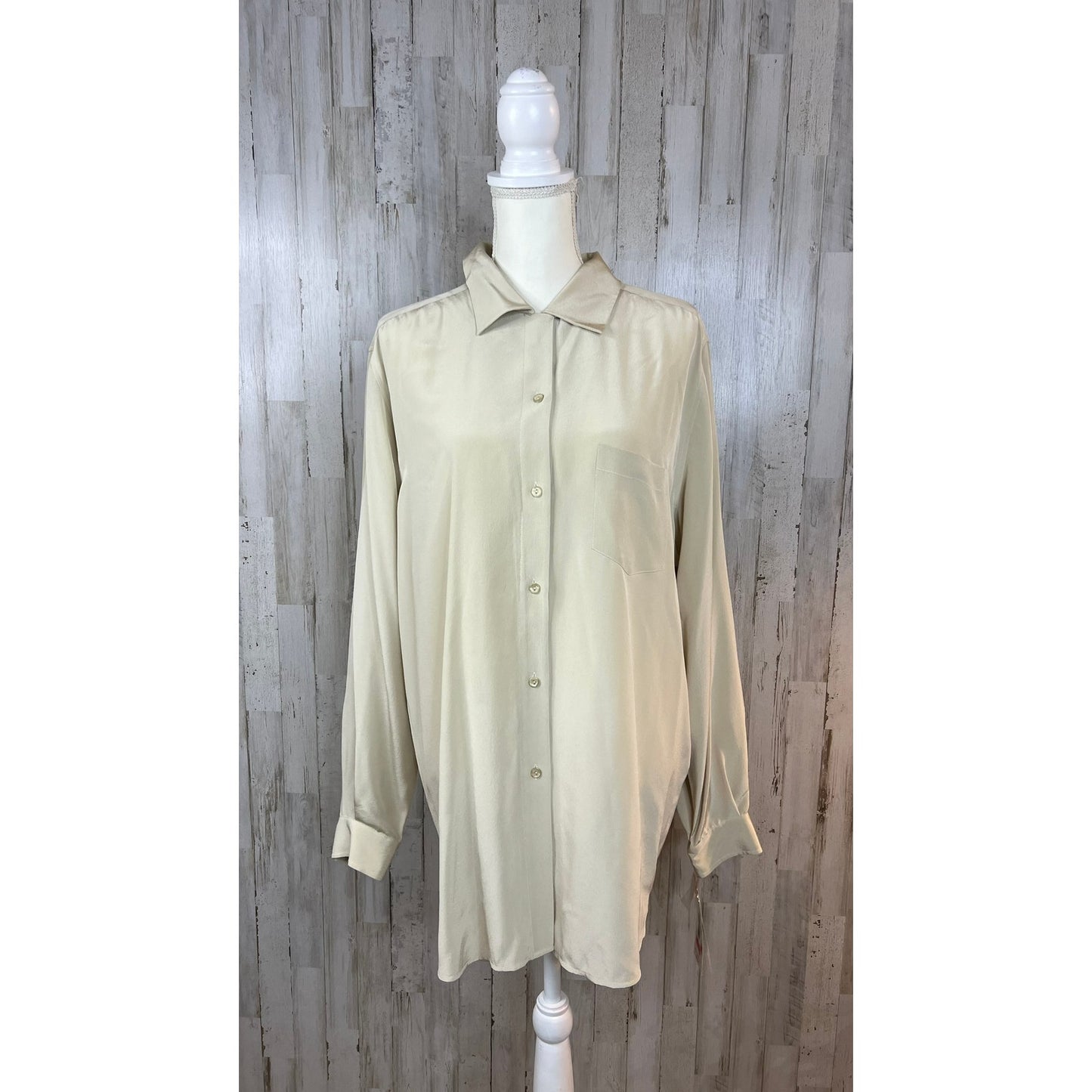 NWT Nygard Collection Women's Large Silk Button Down Blouse Beige Long Sleeve