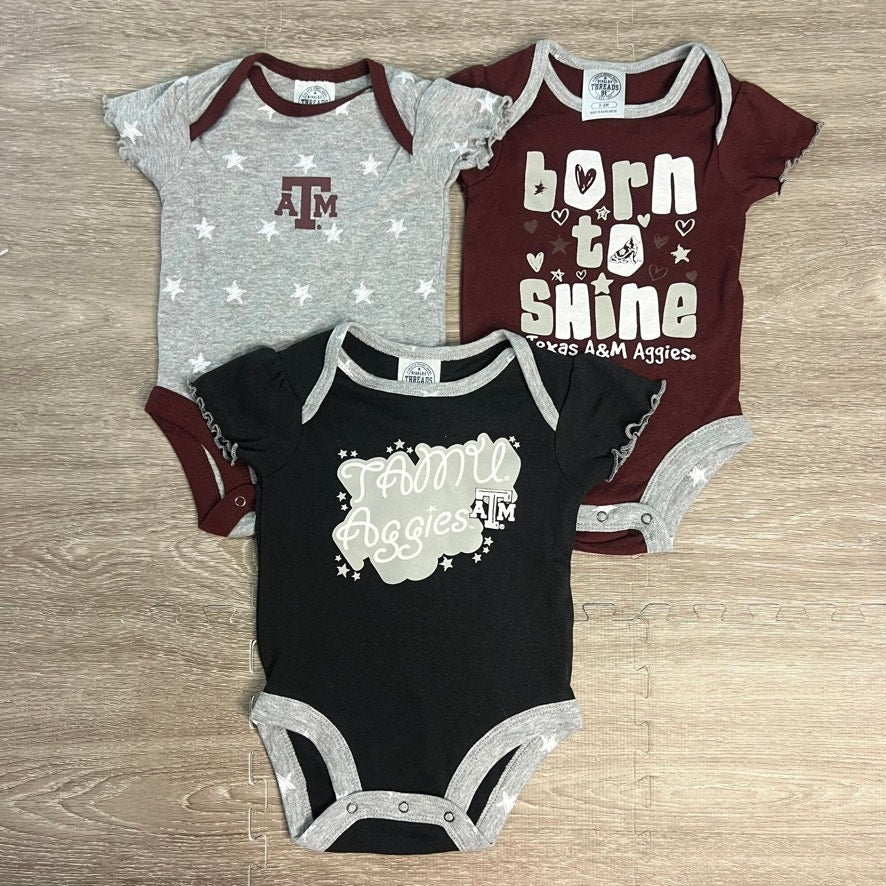 NWT Texas A&M Aggies Infant 3-Pack Bodysuit Set Multicolor Unisex Size 3-6 Month