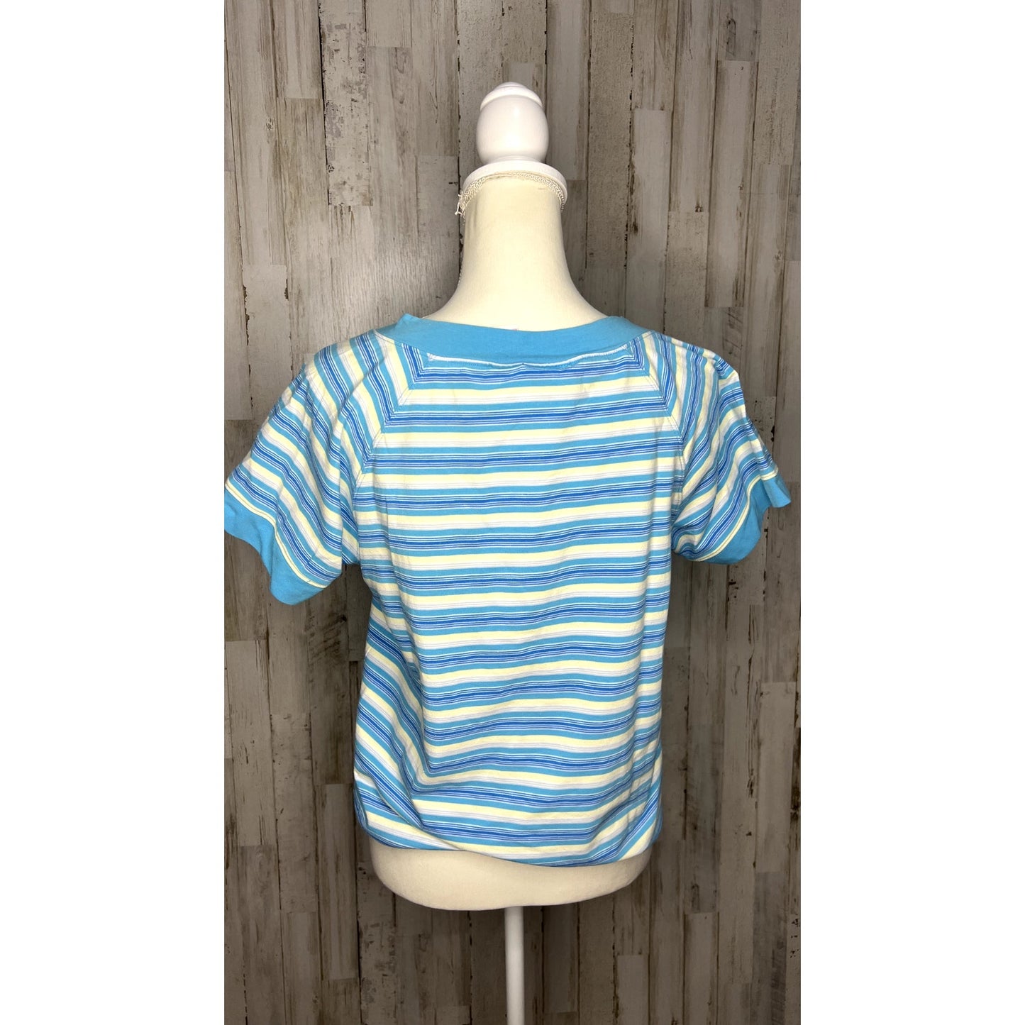 Vintage Cappagallo Women's Large Blue Striped Short Sleeve Shirt with Buttons