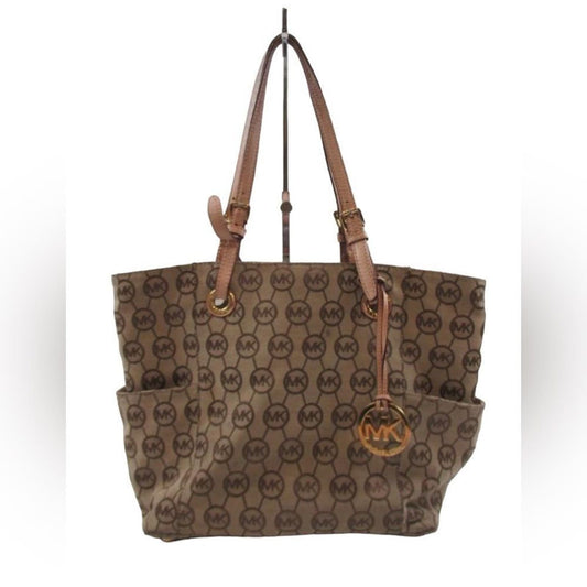 Michael Kors Large Tote Shoulder Bag Brown Leather and Jacquard Logo Print