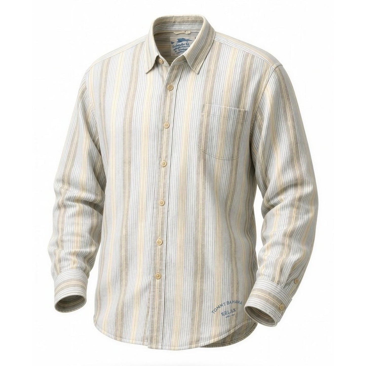 Tommy Bahama Shirt Mens 2XL Beige Striped Button-Up Long Sleeve Pocket