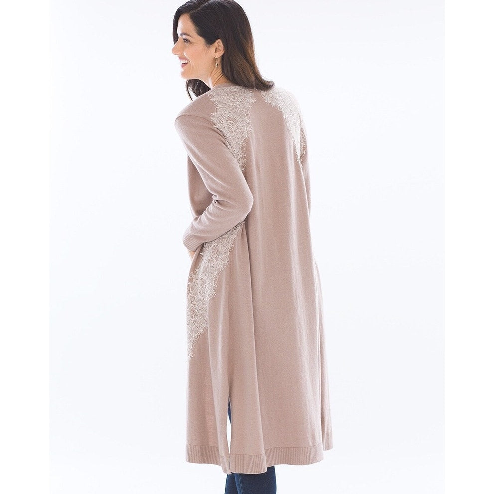 Soma Women's Long Knit Duster Cardigan Lace Trim Pink Size Medium