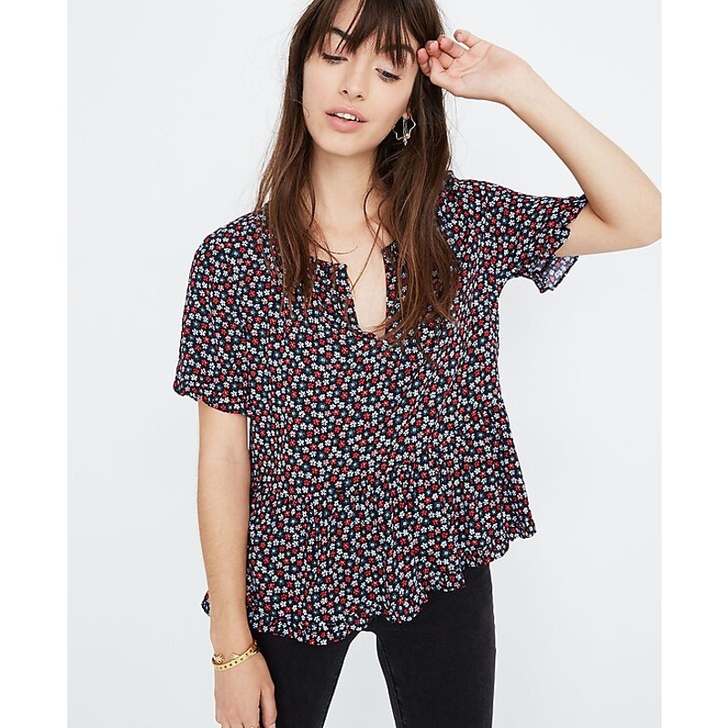 Madewell Women's XS Stanza Ruffle-Hem Short Sleeve Casual Floral Blouse