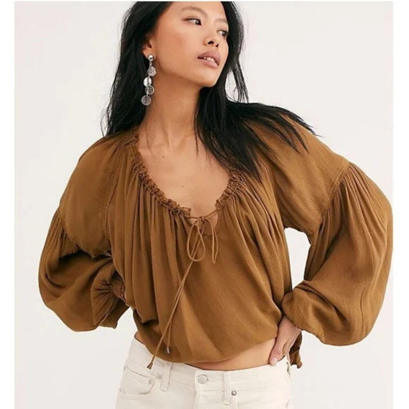 Free People Women's Large Brown Banda Blouse Ginger Snap Long Sleeve Blouse