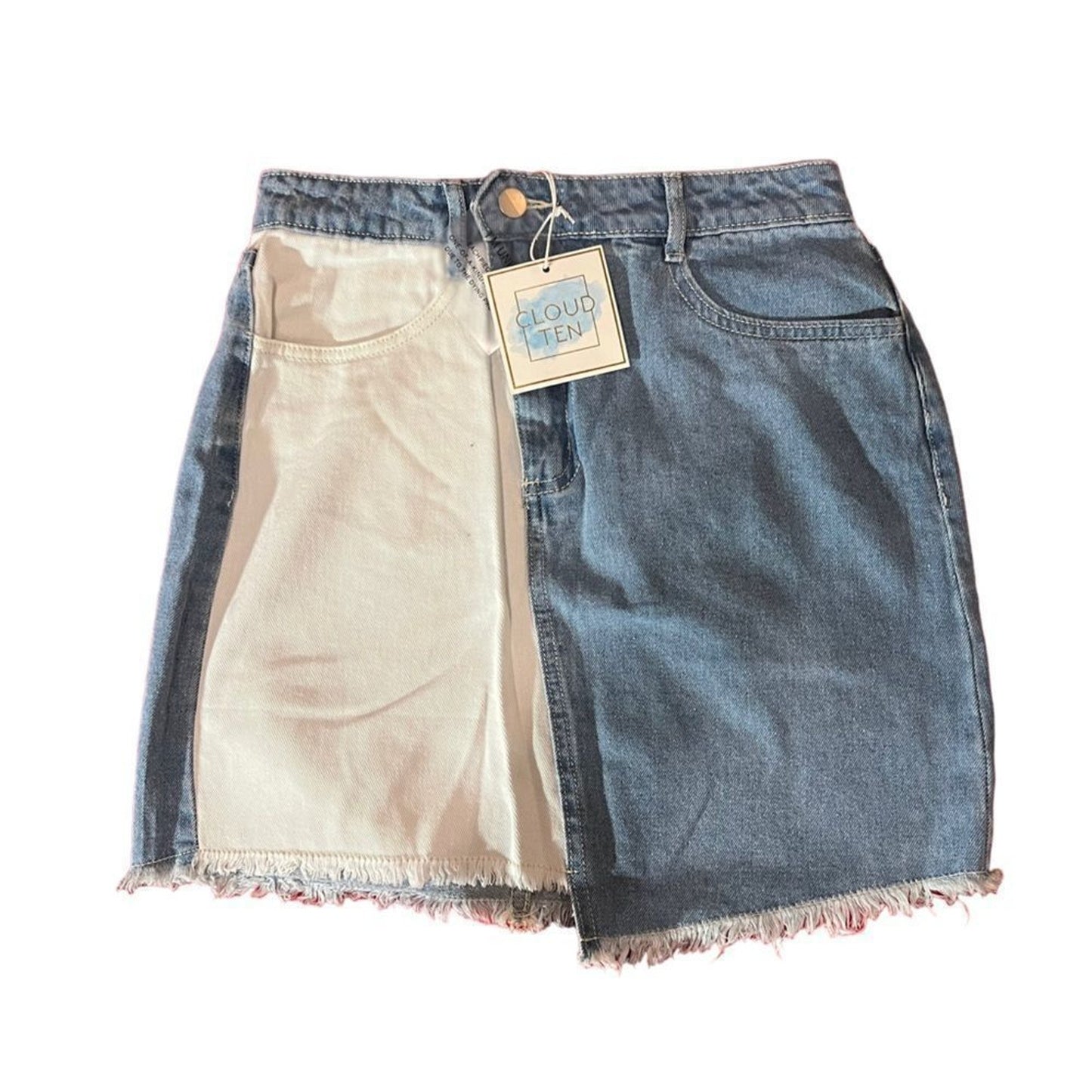 NWT Cloud Ten Skirt Womens Size Small Blue Two-Tone Denim Mini High Rise Raw Hem