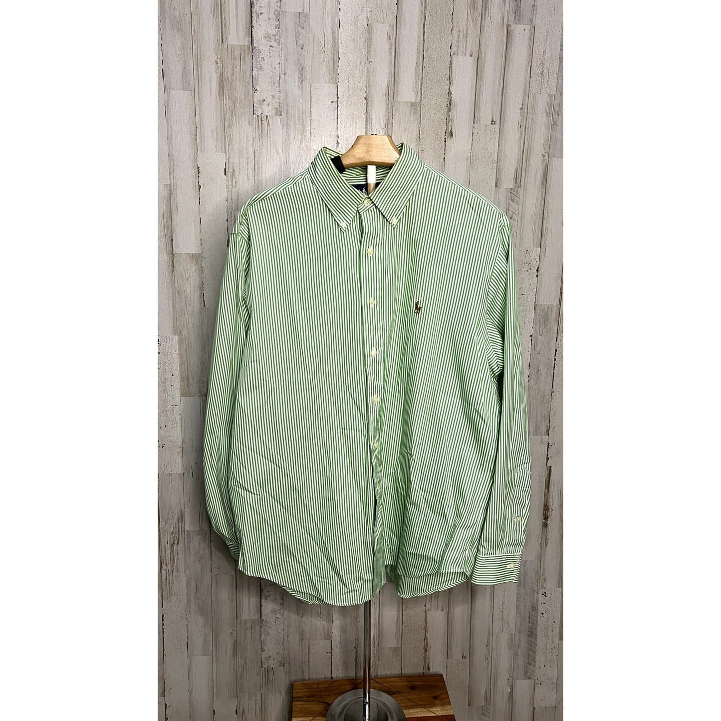 Ralph Lauren Men's 16.5 Green Striped Long Sleeve Button-Up Shirt