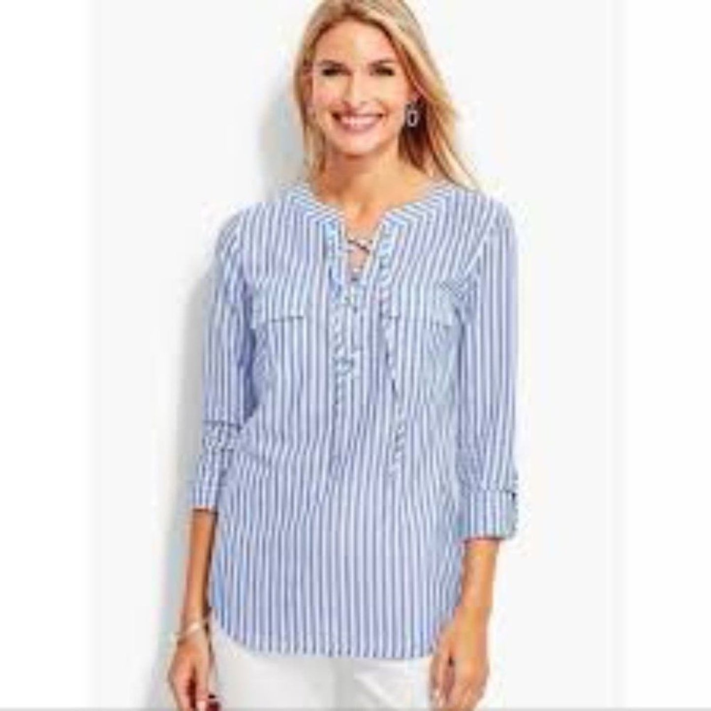 Talbots Blue & White Front Tie Striped Tunic Blouse Top Top Size Small