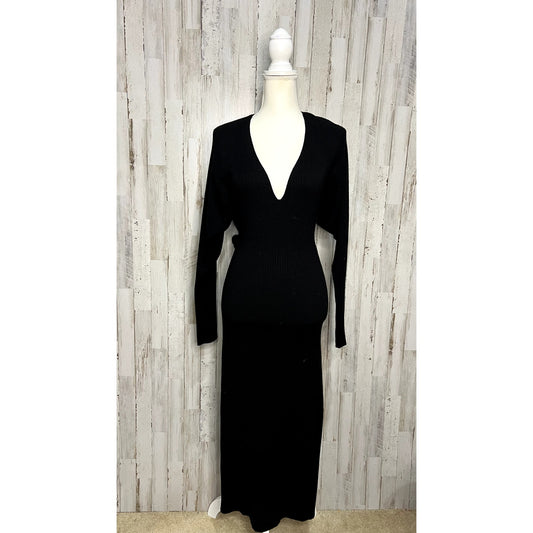 Good American Women's Black Ribbed Knit V-Neck Midi Dress Size 4 Long Sleeve