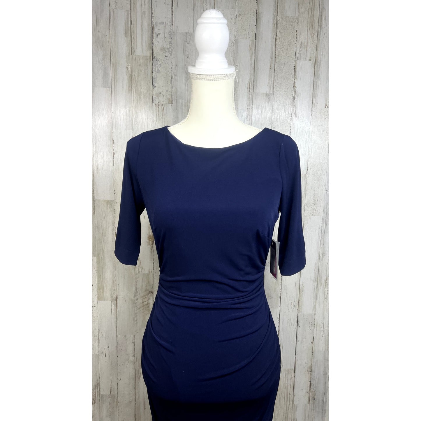 NWT Vince Camuto Women's Ruched Sheath Dress Navy Size 4 Knee Length Half Sleeve