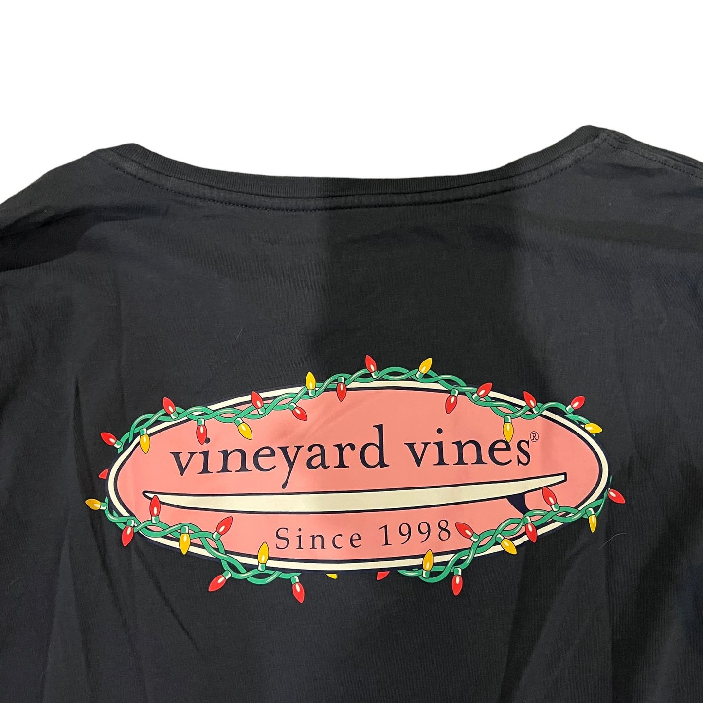 Vineyard Vines Women's Navy Blue Holiday Lights Graphic Pocket Tee Size Medium