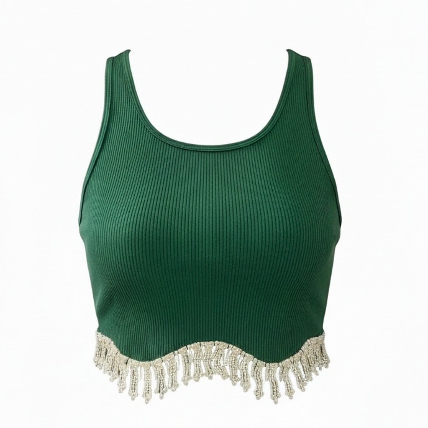NWT Sincerely Jules Tank Top Womens L Green Cropped Rhinestone Fringe Hem