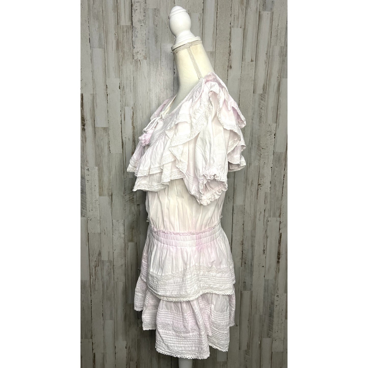 LoveShackFancy Women's XL Pink Eyelet Ruffle Mini Dress