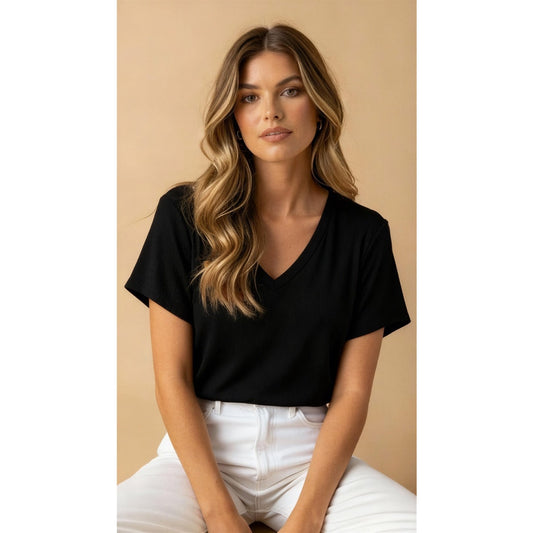 NWT No Boundaries T-Shirt Womens Juniors XXXL Black Ribbed V-Neck Short Sleeve