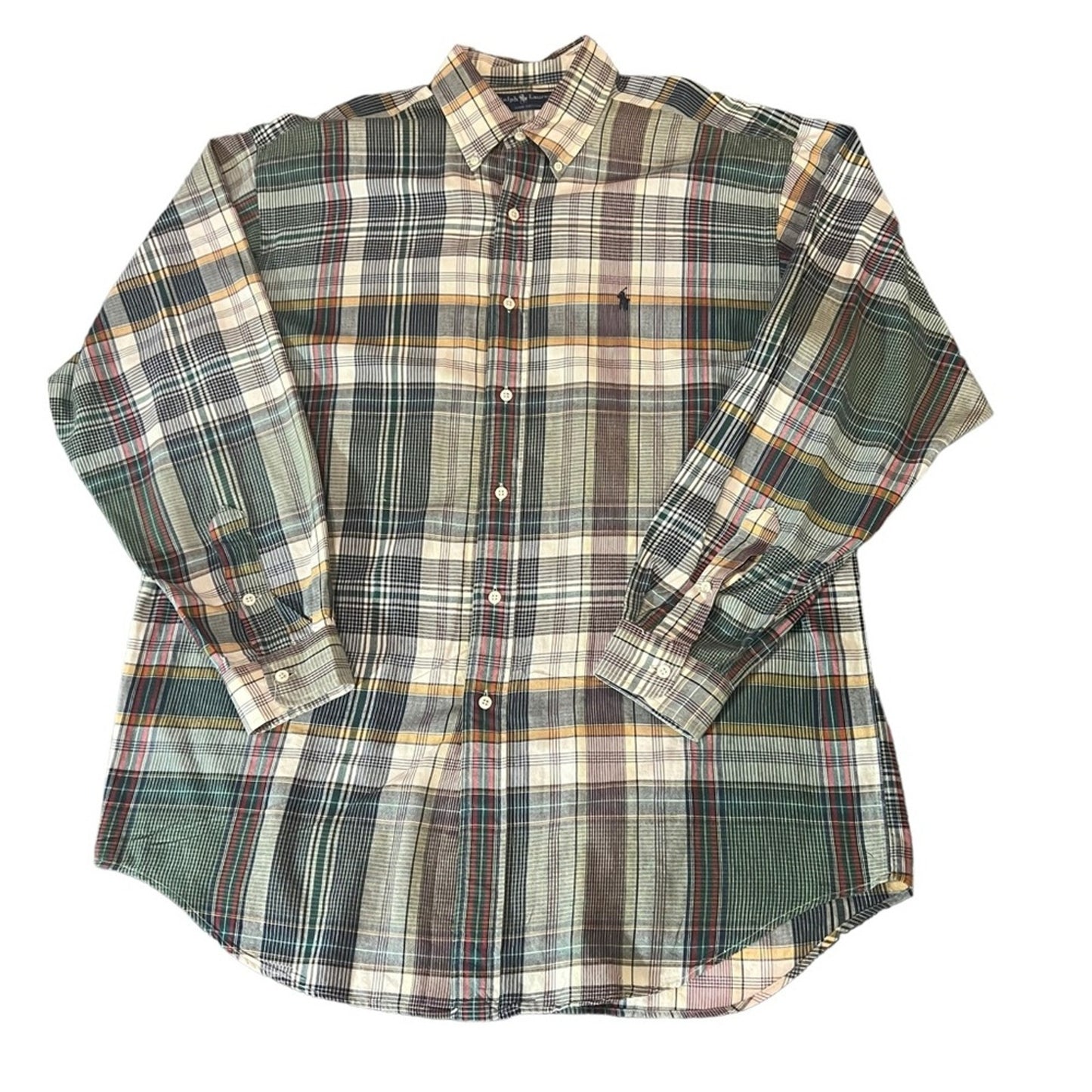 Polo Ralph Lauren Shirt Mens Large Green Cream Plaid Button-Down Long Sleeve