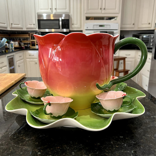 Handcrafted Enamel Floral Ceramic Tea Punch Bowl Set 8-Piece