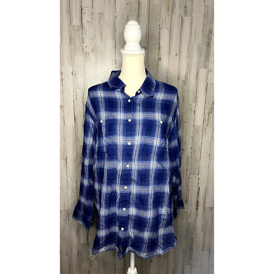 Ralph Lauren Women's 2XL Blue & White Plaid Button-Up Shirt Long Sleeve