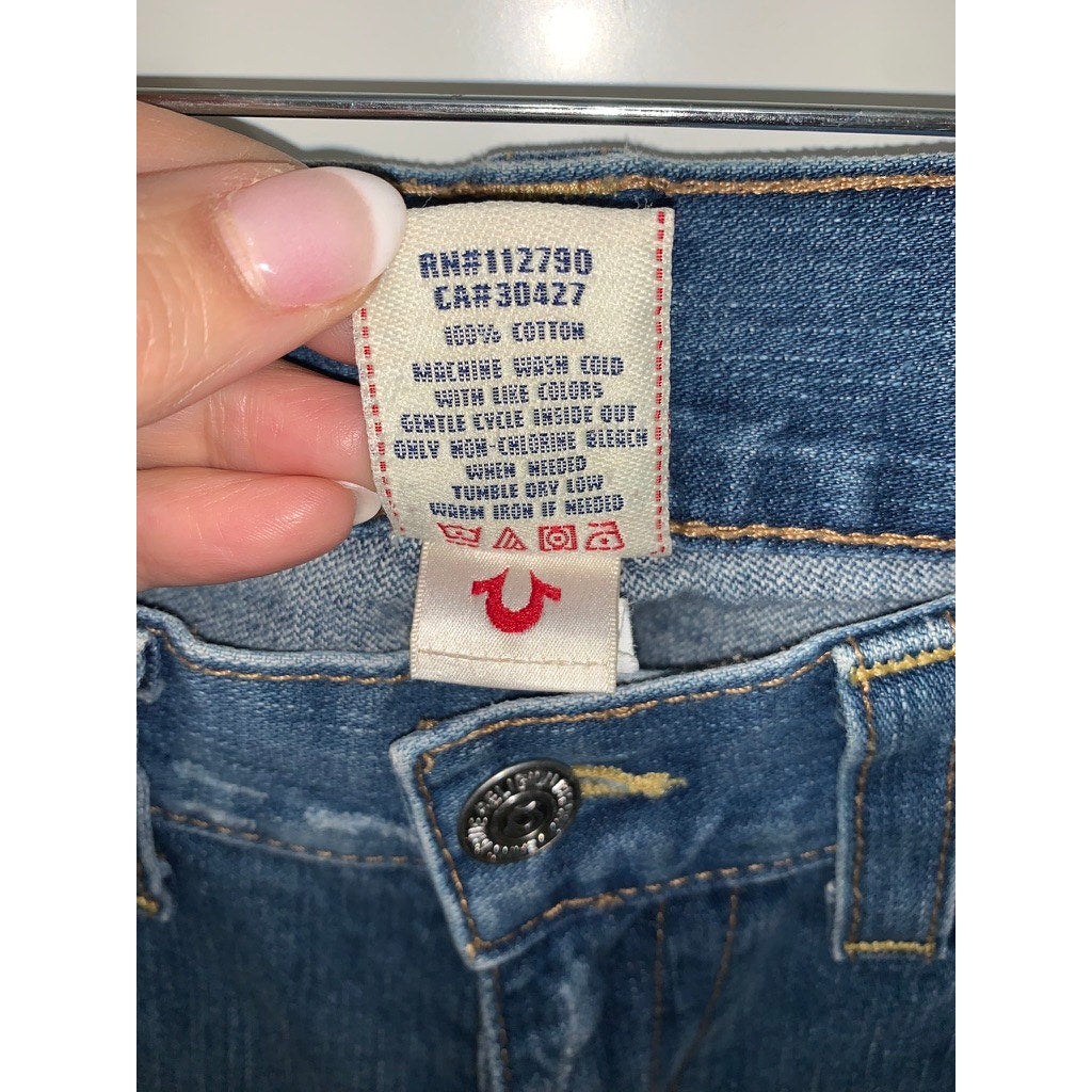 True Religion Men's Blue Straight Jeans Size 34 Distressed Flap Pockets